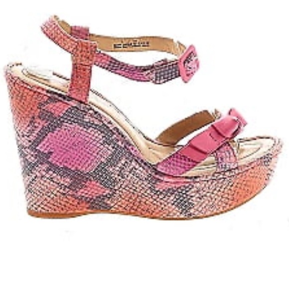 Born Crown Shoes - Born Crown Pink/Orange Faux Snakeskin Wedge Platform Sandal 10